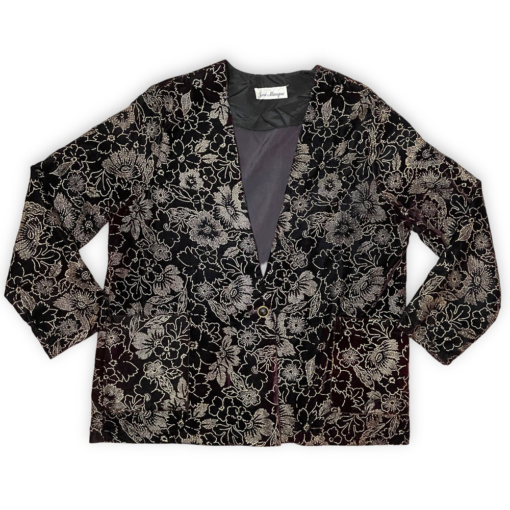 🍀 Jeri Marque Women's Black Wine Gold Embellished Floral Evening Blazer XL READ